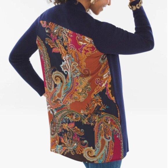 CHICO'S Paisley Woven-Back Cardigan Sweater Cotton Blend Silky Back Chico's 0 XS - Picture 1 of 11